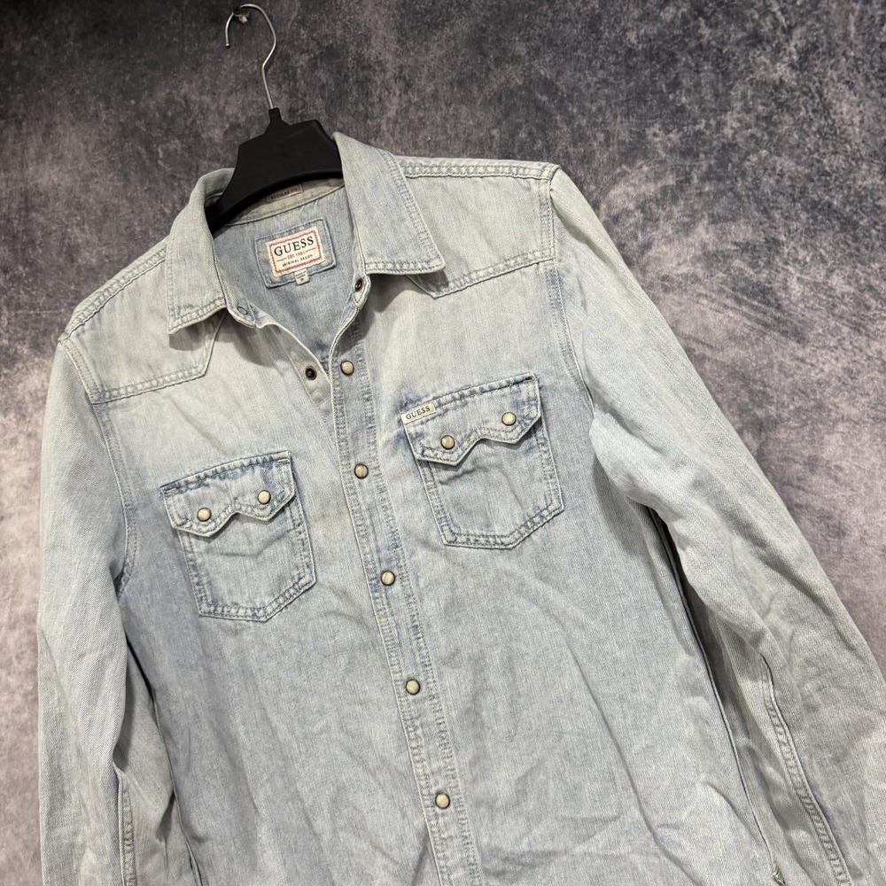 GUESS Mens Distressed Denim Western Pearl Snap Button Up Shirt M Blue M1GH12R4D1